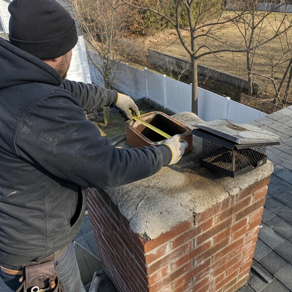 Technician measuring chimney flue for cap installation on a brick chimney in Flatbush, NY
