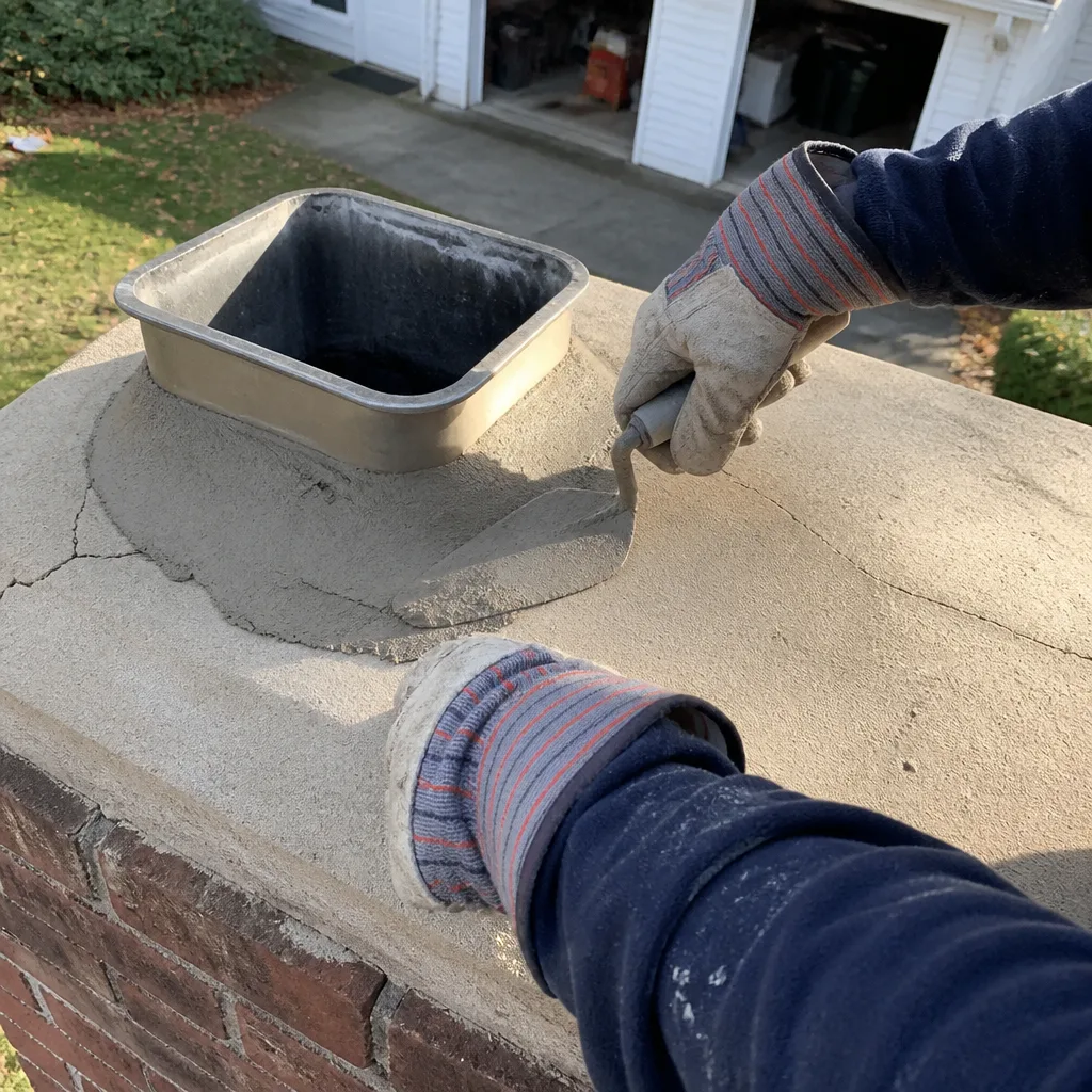 Chimney professional repairing a chimney crown with mortar in New York, NY