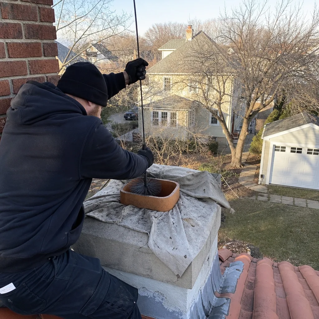 Professional chimney sweep cleaning a residential chimney flue from the rooftop