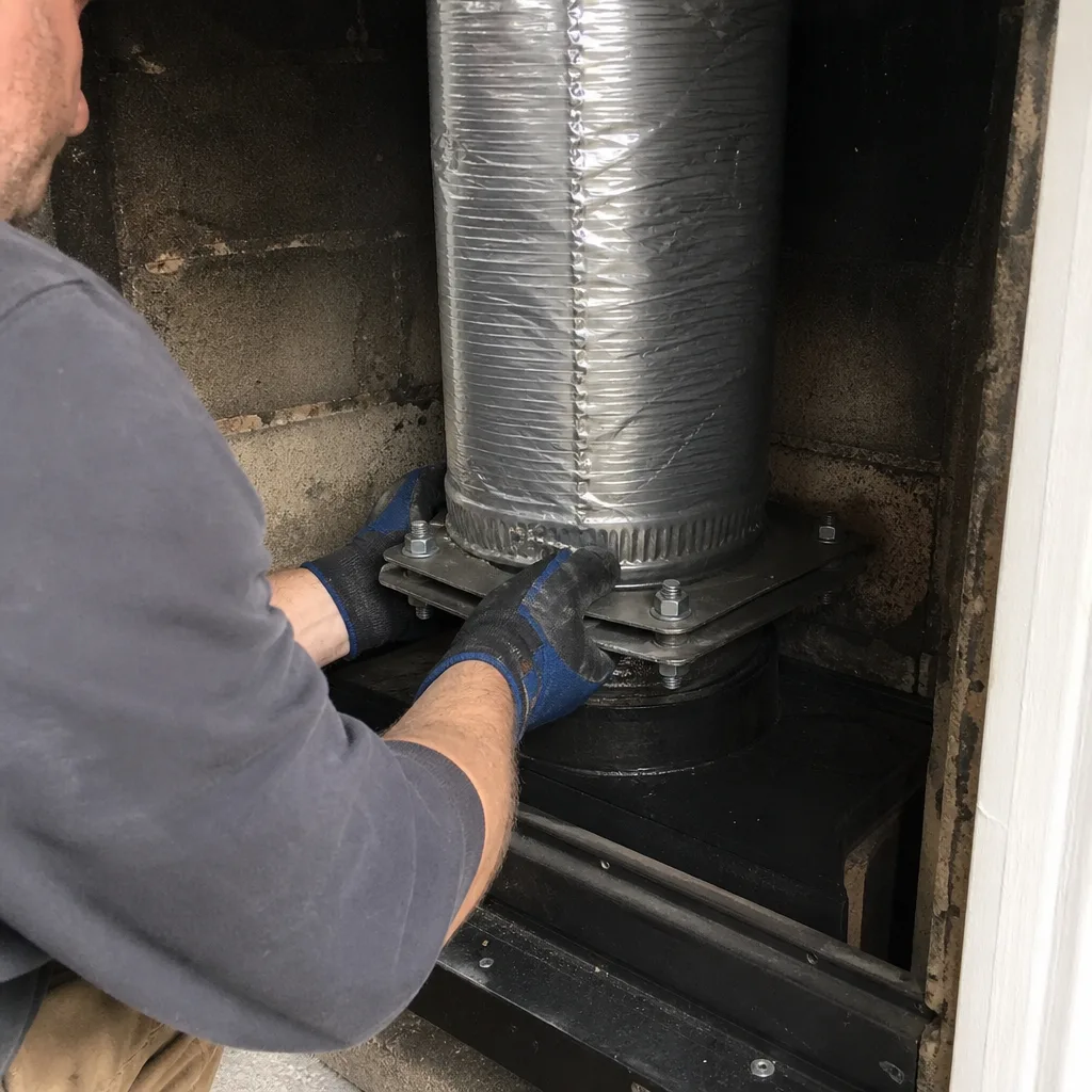 Professional technician installing a stainless steel chimney liner into a stove insert in Bedford-Stuyvesant, NY