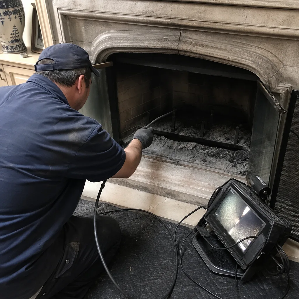 Chimney sweep using a video inspection camera to examine a fireplace